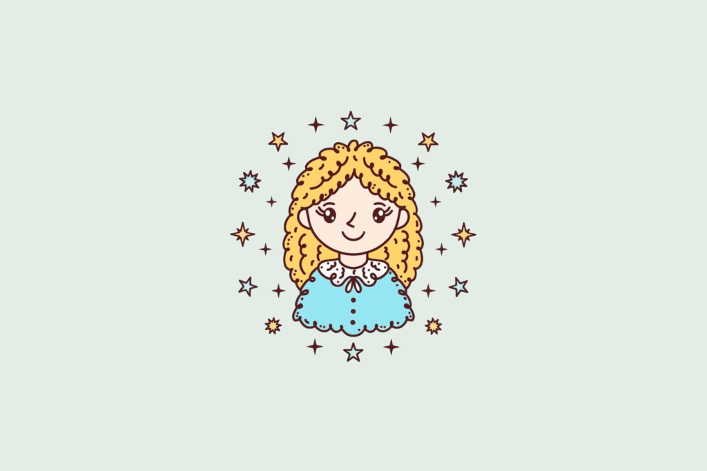 Uma ilustração simplificada do signo de Virgem, mostrando o busto de uma jovem de cabelos loiros e cacheados, cercada por pequenas estrelas.