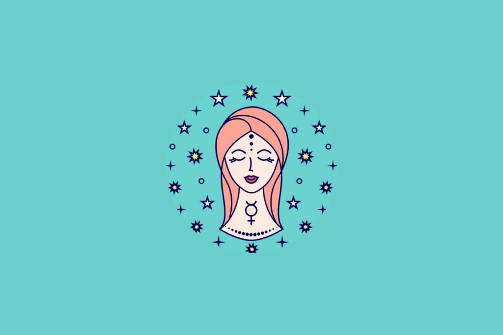 imagem do signo de Virgem em fundo azul, com ilustração central delicada e minimalista. A representação do signo aparece em um estilo suave, com composição organizada e visual leve, mantendo a identidade estética da série de imagens.