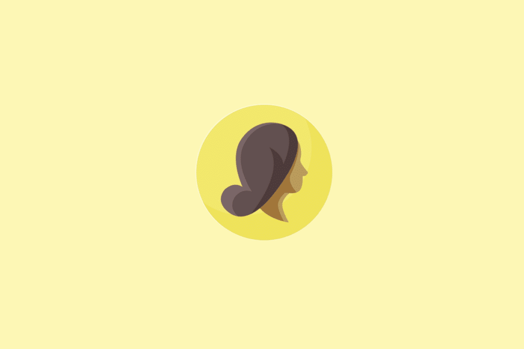 Ilustração estilizada em perfil do rosto e cabelo castanho comprido de uma mulher, inserida em um círculo amarelo claro sobre um fundo amarelo ainda mais claro.