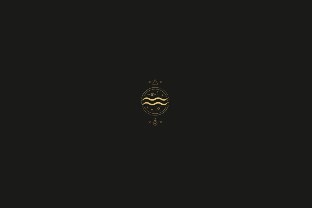 Ilustração do signo de aquário na cor dourada, com estrelas, quadrados e triângulos ao redor, em um fundo preto
