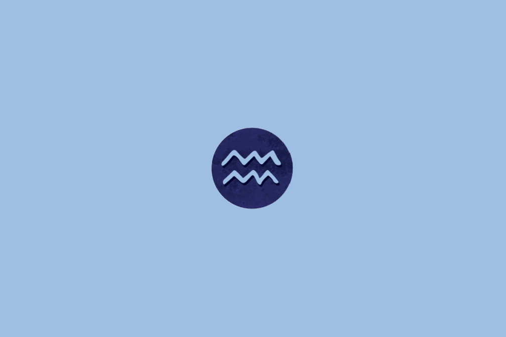 Círculo azul-escuro centralizado em fundo azul-claro. Dentro, o símbolo do signo de aquário e manchas escuras ao redor