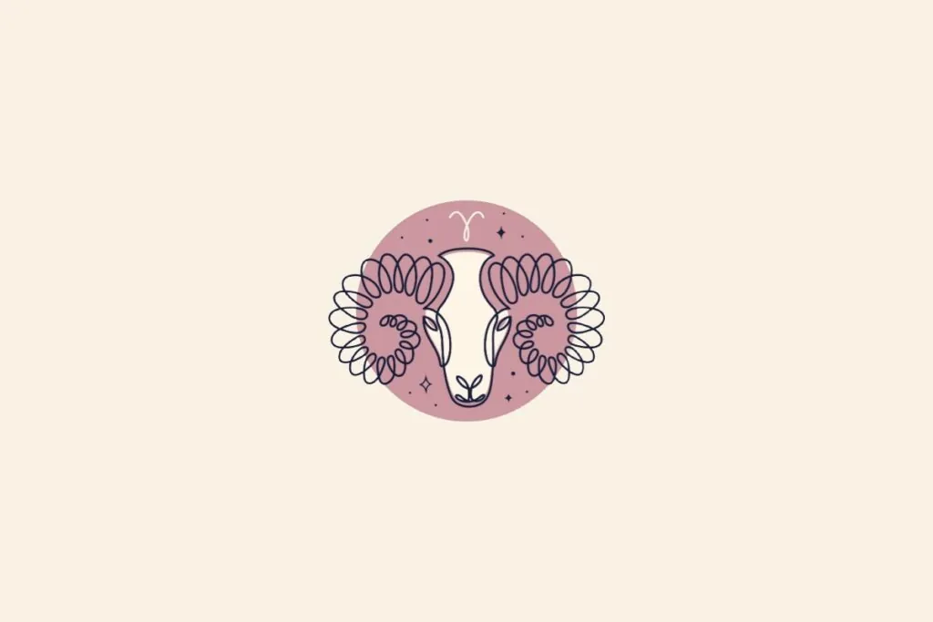 Desenho de um carneiro dentro de um círculo rosa. Fundo bege e símbolo do signo de áries acima