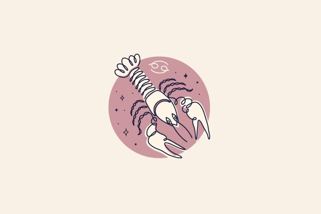Desenho de um caranguejo dentro de um círculo rosa. Fundo bege e símbolo do signo de câncer acima