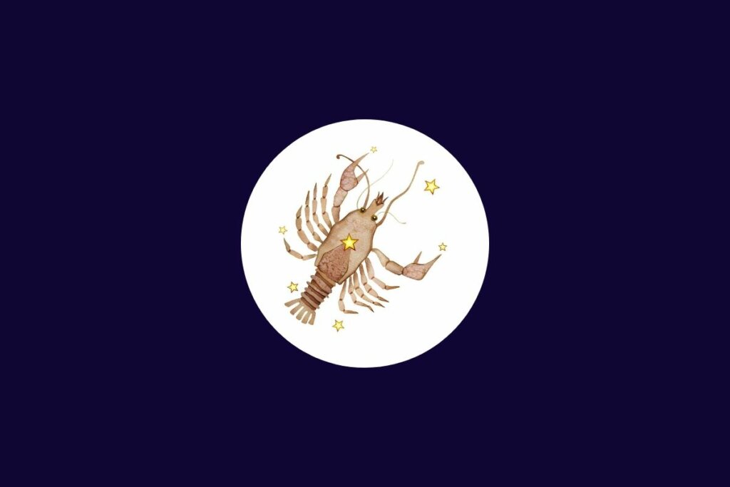 Ilustração do signo de câncer em tons de bege em um círculo branco sobre um fundo azul-escuro
