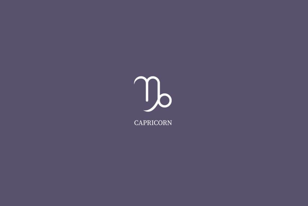 Ilustração do signo de capricórnio, na cor branca e com o nome embaixo, centralizado em um fundo roxo
