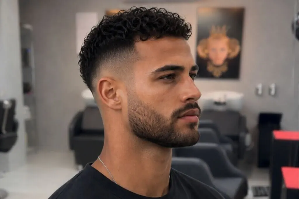 Homem corte degradê cacheado, barba e olhando para frente