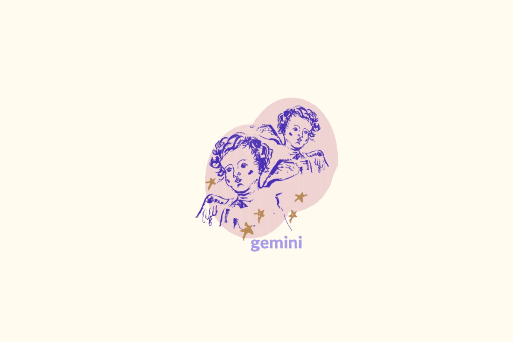 Ilustração de dois anjos dentro de um círculo rosa representando o signo de gêmeos. Nome do signo abaixo e estrelas douradas ao redor