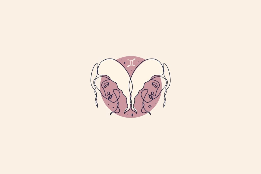 Desenho de dois rostos dentro de um círculo rosa. Fundo bege e símbolo do signo de gêmeos acima