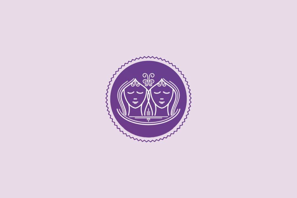 Ilustração de um círculo roxo com desenho de duas mulheres no centro, representando o signo de gêmeos, sobre fundo lilás