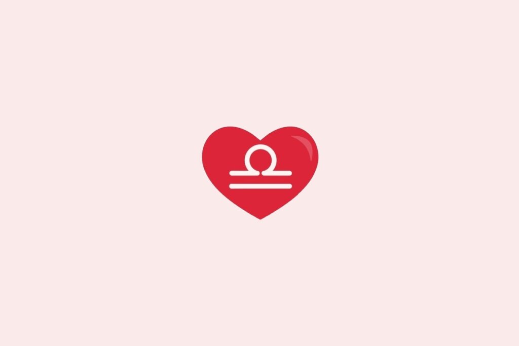 Ilustração do signo de libra em um coração vermelho sobre um fundo rosa-claro
