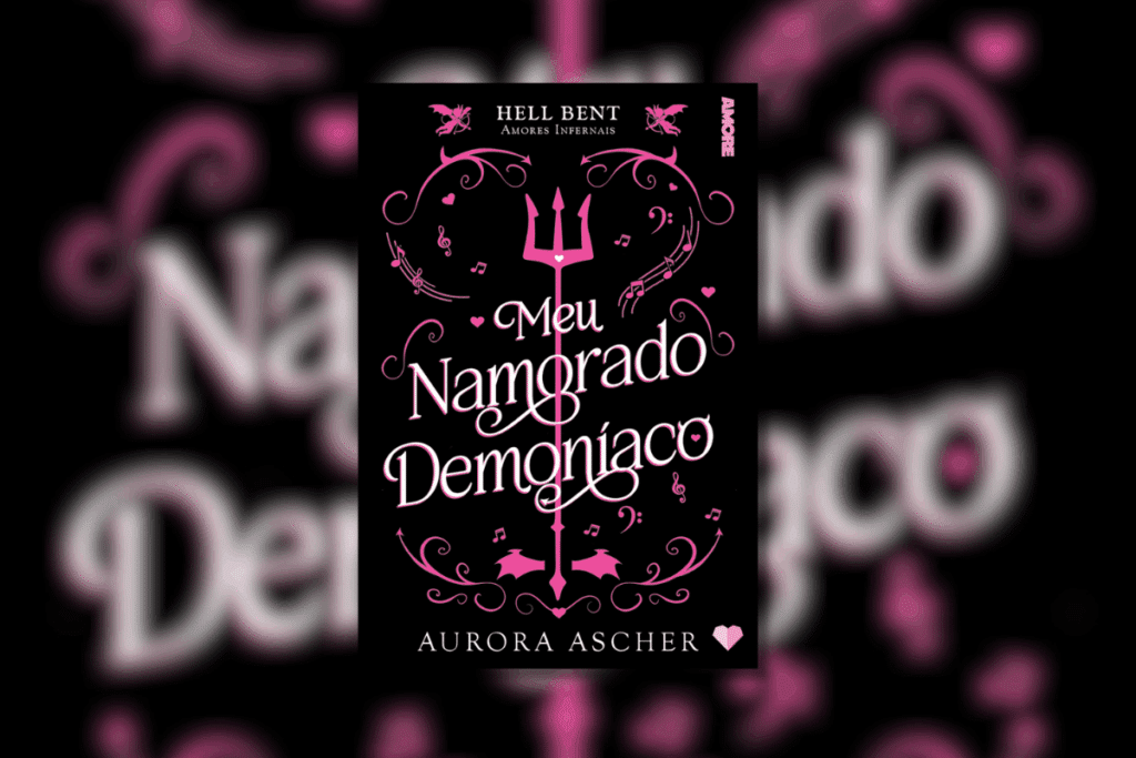 Capa do livro "Meu namorado demoníaco", com a ilustração de um trident rosa em fundo preto 