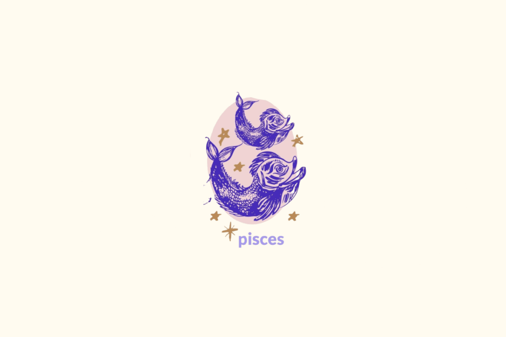 Ilustração de dois peixes dentro de um círculo rosa representando o signo de peixes. Nome do signo abaixo e estrelas douradas ao redor