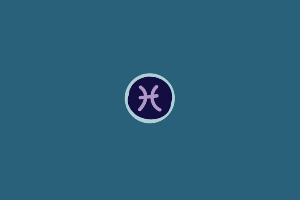 Ilustração do signo de Peixes, na cor roxa, em um círculo azul-escuro com borda azul-claro, sobre um fundo verde
