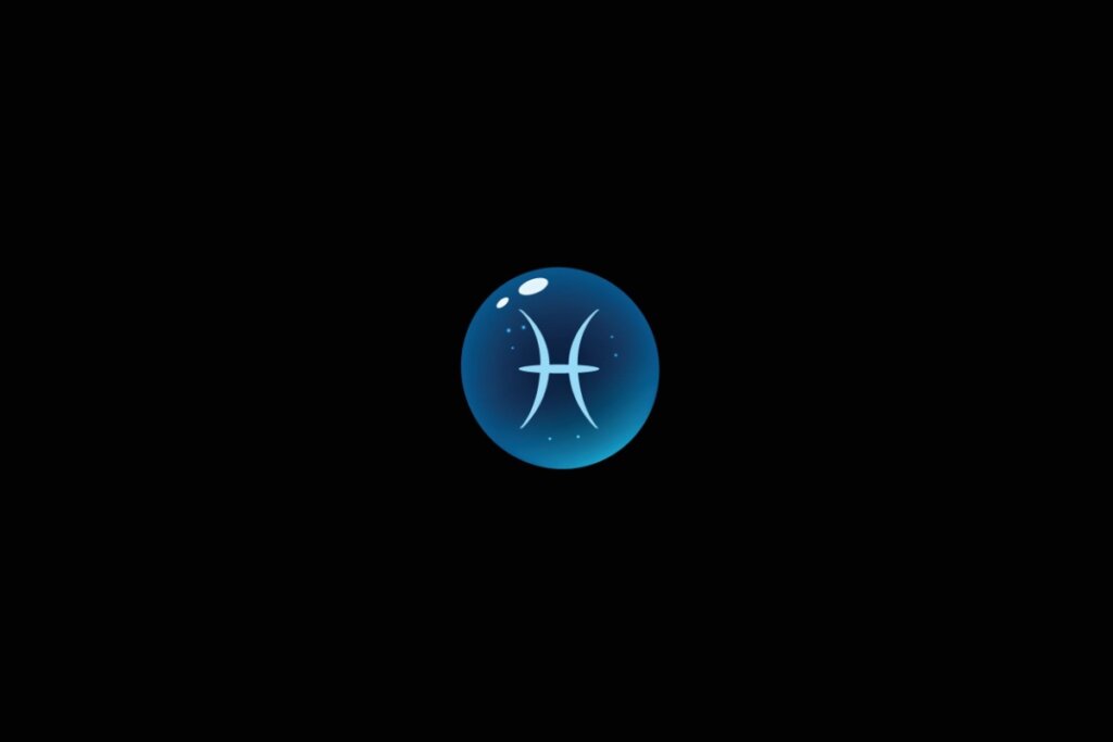 Ilustração do signo de peixes dentro de uma bolha azul sobre um fundo preto