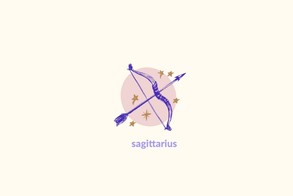 Ilustração de um arco e flecha dentro de um círculo rosa representando o signo de sagitário. Nome do signo abaixo e estrelas douradas ao redor
