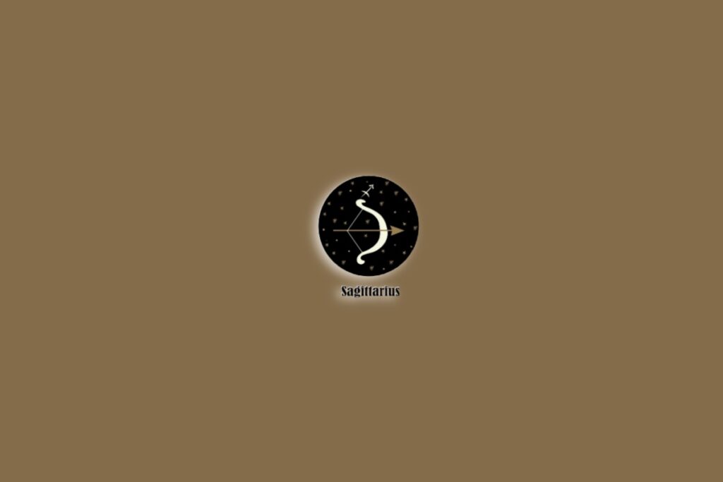 Símbolo do signo de Sagitário com a ilustração de um arco e flecha sobre um fundo marrom