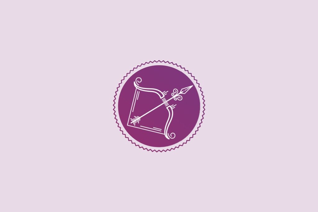 Ilustração de um círculo roxo com desenho de um arco e flecha no centro, representando o signo de sagitário, sobre fundo lilás