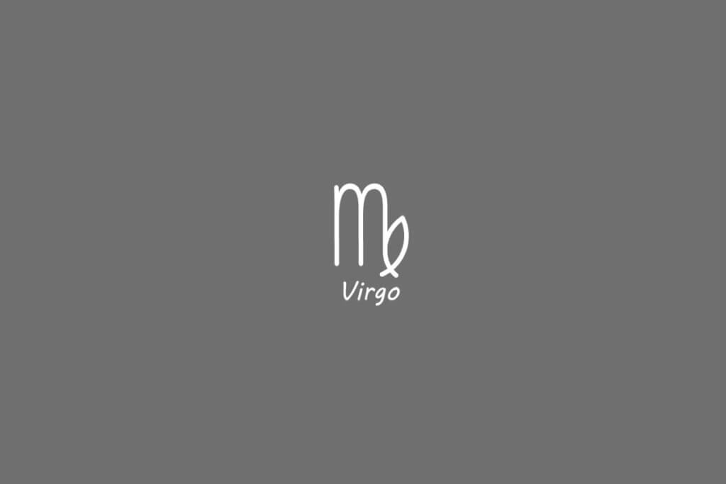 Símbolo do signo de virgem, na cor banca, centralizado em um fundo cinza e com o nome embaixo