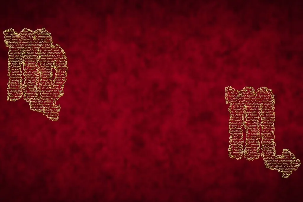 A imagem apresenta os símbolos dos signos de Virgem e Escorpião em destaque sobre um fundo vermelho texturizado.