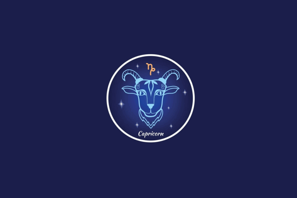 Ilustração do signo de Capricórnio, contendo a cabeça de uma cabra de chifres longos e o símbolo do signo em laranja, dentro de um círculo estrelado, em fundo azul-escuro