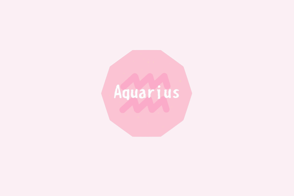 Símbolo do signo de Aquário, duas linhas onduladas paralelas representando a água, em rosa sobre um octógono rosa-claro, com o nome "Aquarius" escrito ao centro