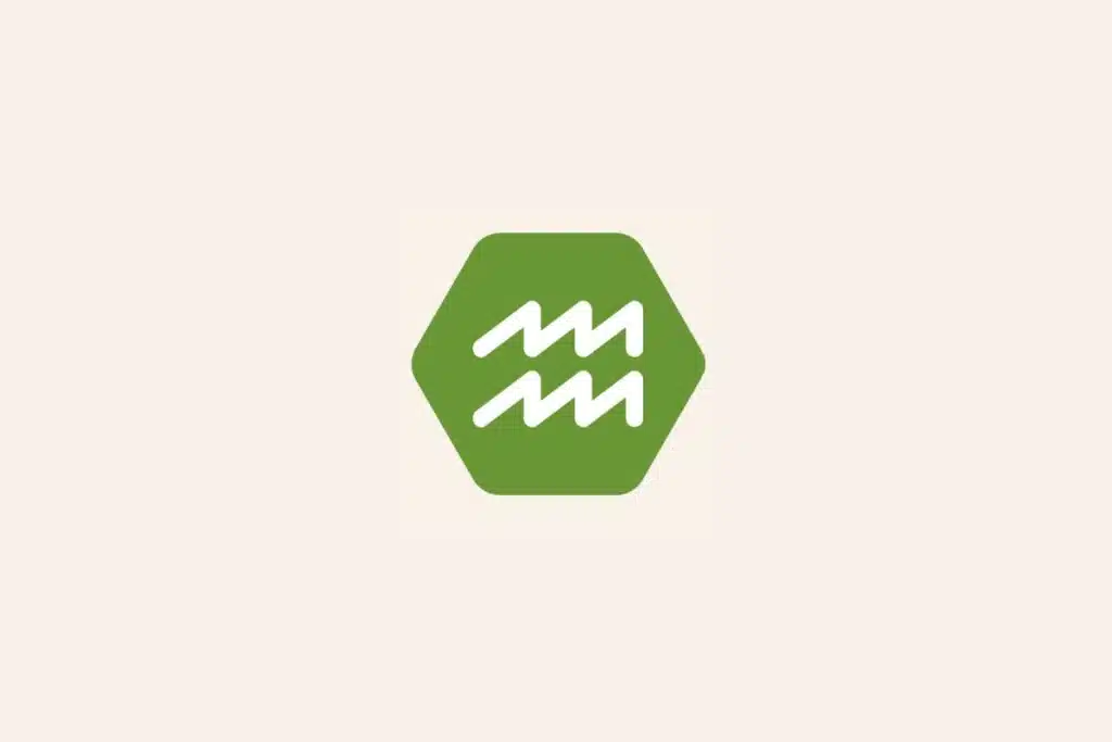 Ilustração do signo Aquário, com símbolo formado por duas linhas onduladas brancas sobre um hexágono verde em fundo bege
