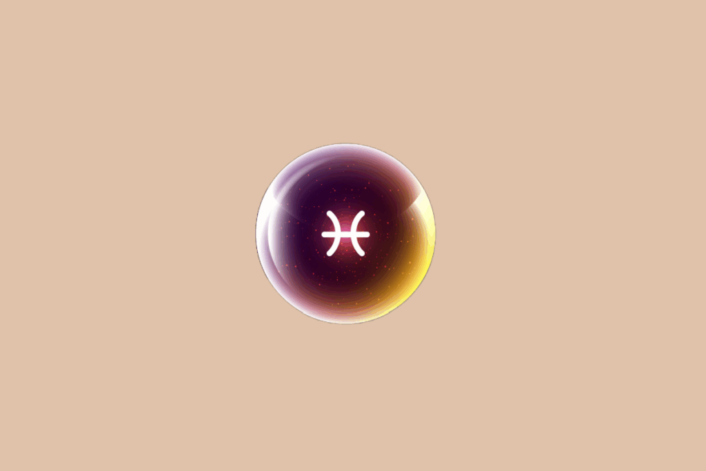 Ilustração do signo de Peixes, em fundo bege, contendo o símbolo do signo em branco, formado por dois arcos opostos unidos por uma linha, no centro de uma esfera luminosa