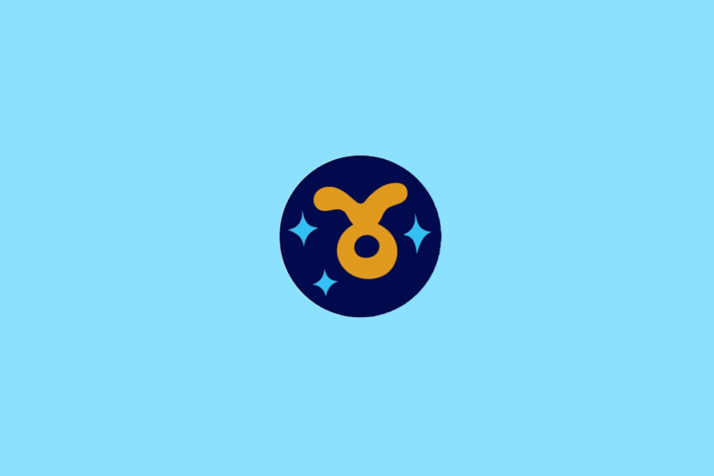 Ilustração do signo de Touro, contendo o símbolo do touro (um círculo e, em cima, chifres), em fundo azul-claro