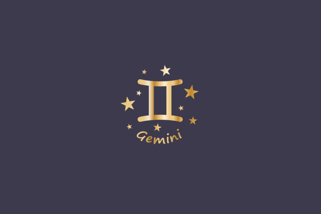 Ilustração do signo de Gêmeos, em fundo cinza, contendo o símbolo do signo em dourado, semelhante ao algarismo romano dois, cercado por estrelas e com o nome "Gemini" abaixo