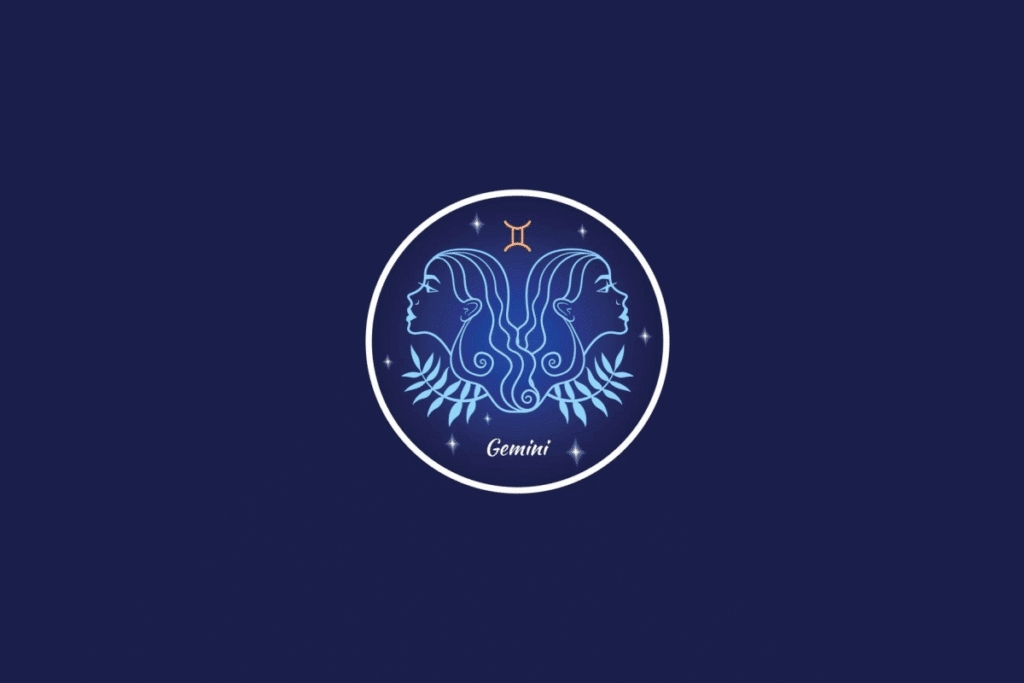 Ilustração do signo de Gêmeos, contendo dois rostos femininos de perfil e o símbolo do signo em laranja, dentro de um círculo estrelado, em fundo azul-escuro