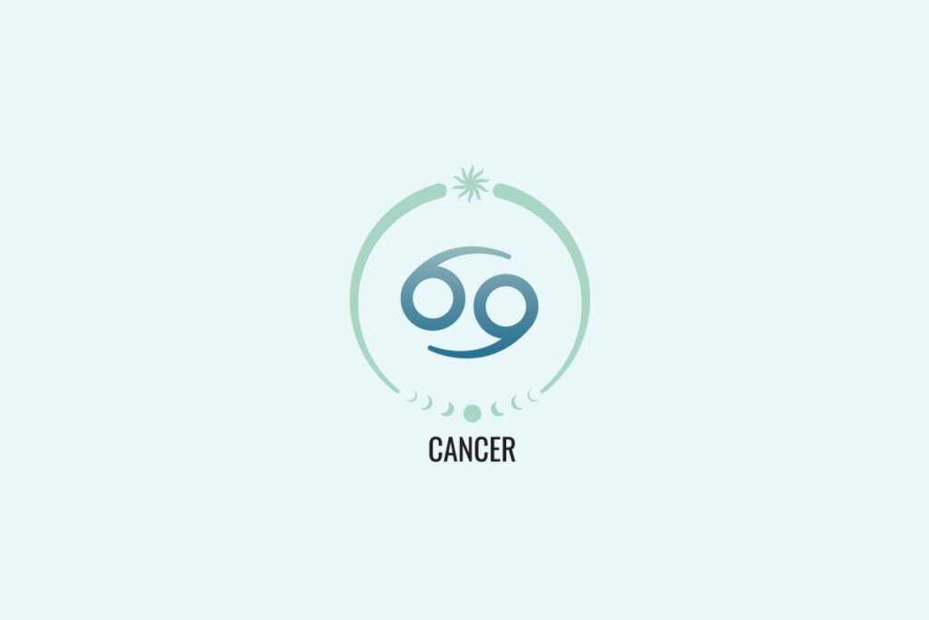 Ilustração do signo Câncer, com símbolo de dois círculos ligados por curvas que lembram o número 69 na horizontal, em azul esverdeado, sobre fundo verde-claro