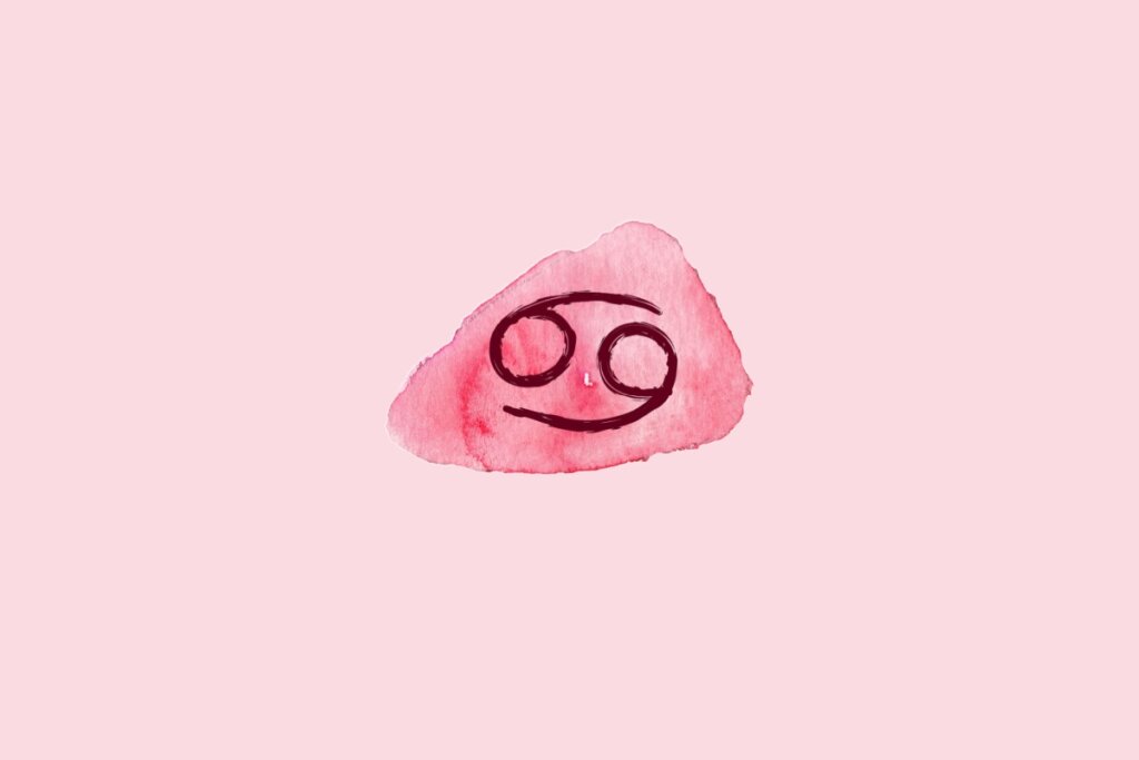 Ilustração do signo de Câncer contendo o símbolo de dois círculos conectados na horizontal semelhantes ao número 69 deitado em aquarela rosa sobre fundo rosa-claro