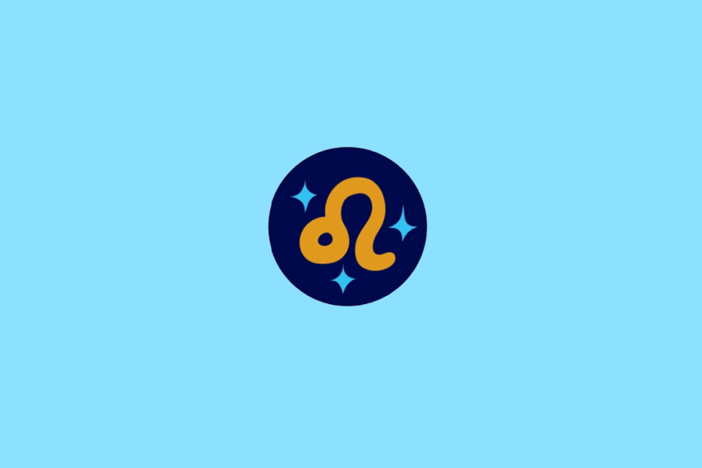 Ilustração do signo de Leão, contendo o símbolo do leão (um círculo com uma curva ondulada que se estende como uma cauda), em fundo azul-claro