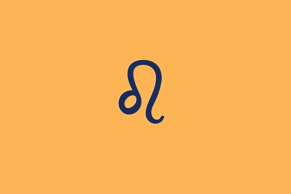 Ilustração do signo de Leão, em fundo alaranjado, com linha curva e círculo lembrando uma juba e cauda