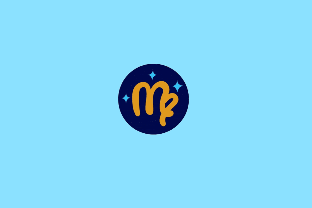 Ilustração do signo de Virgem, contendo o símbolo da virgem (um "M" com uma alça enrolada para dentro na última perna), em fundo azul-claro