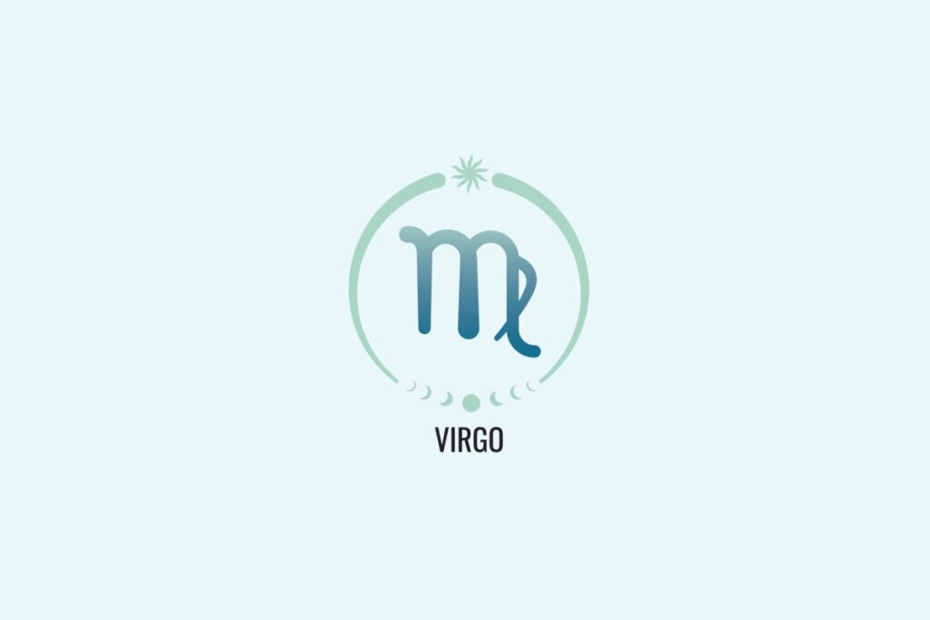 Ilustração do signo Virgem, com símbolo similar à letra “m” com uma perna cruzada na extremidade direita, em azul esverdeado, sobre fundo verde-claro