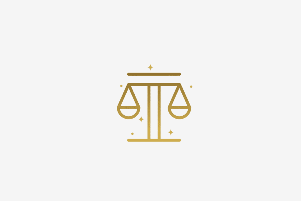 Ilustração do signo de Libra, contendo uma balança de dois pratos equilibrados e estrelas ao redor, em fundo cinza-claro