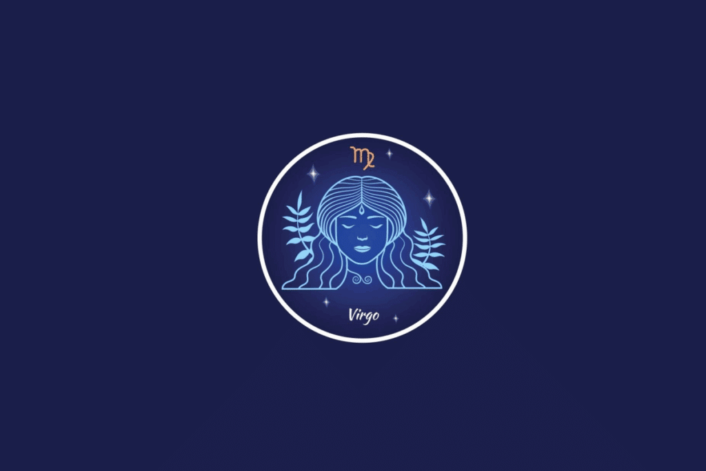 Ilustração do signo de Virgem, contendo uma jovem de cabelos longos entre ramos de folhas e o símbolo do signo em laranja, dentro de um círculo estrelado, em fundo azul-escuro