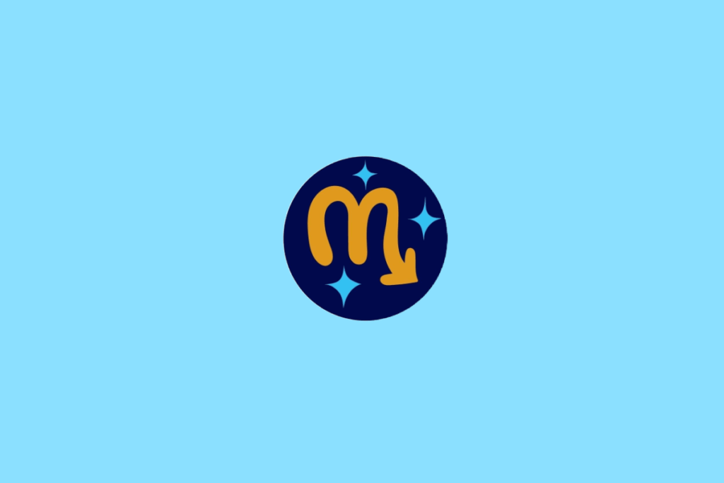 Ilustração do signo de Escorpião, contendo o símbolo do escorpião (um "M" com uma seta apontando para fora na última perna), em fundo azul-claro