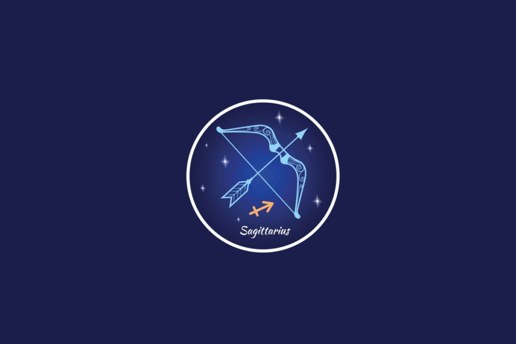 Ilustração do signo de Sagitário, contendo um arco com flecha e o símbolo do signo em laranja, dentro de um círculo estrelado, em fundo azul-escuro