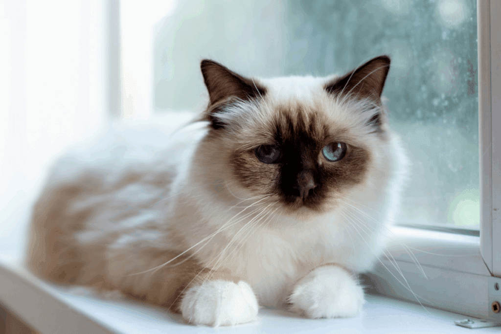 Gato Sagrado da Birmânia deitado próximo a uma janela. Ele tem olhos azuis claros, focinho e orelhas escuros, corpo com pelagem clara e as patinhas brancas bem evidentes.