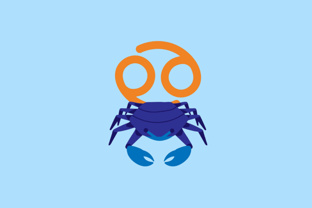 Ilustração vetorial sobre fundo azul-claro representando o signo de Câncer. Mostra um caranguejo em tons de azul visto de cima, com o símbolo astrológico de Câncer em tom laranja ao fundo.