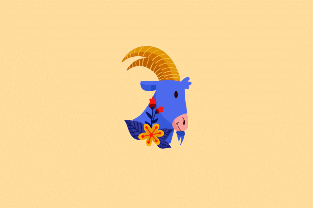 Ilustração estilizada do signo de Capricórnio. No centro, a cabeça de uma cabra azul de perfil com chifres amarelos e listrados, adornada com folhas roxas e uma flor amarela na base. O fundo é de cor amarela clara uniforme.