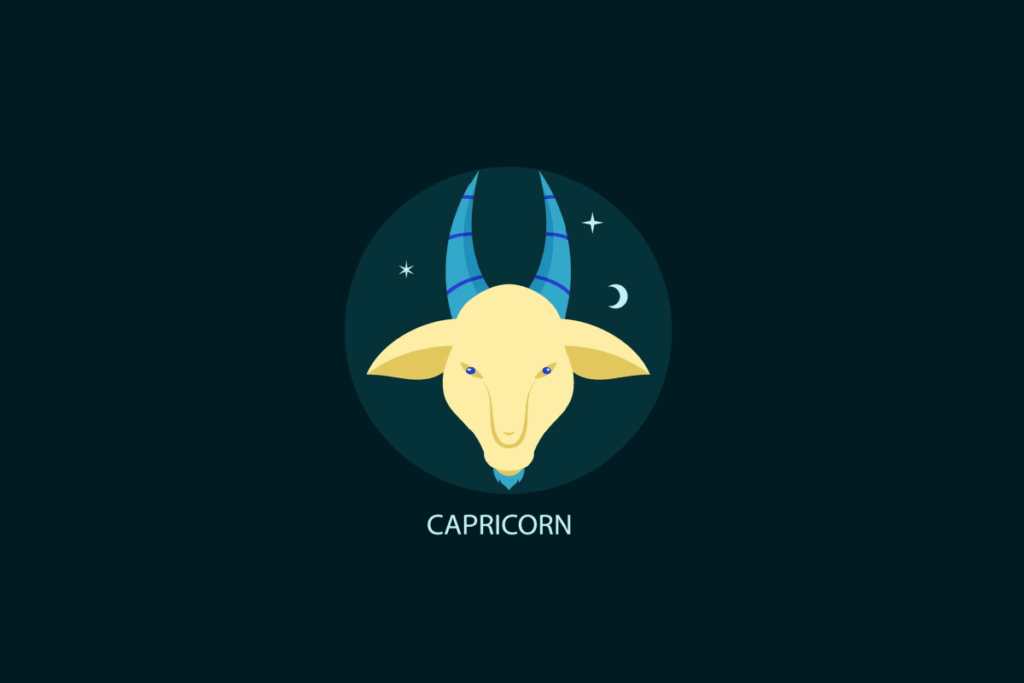Ilustração vetorial do signo de Capricórnio em um círculo azul-escuro sobre fundo preto. Mostra a cabeça de uma cabra amarela com longos chifres azuis listrados, acompanhada por uma lua crescente e estrelas brancas. Abaixo, consta o texto "CAPRICORN".