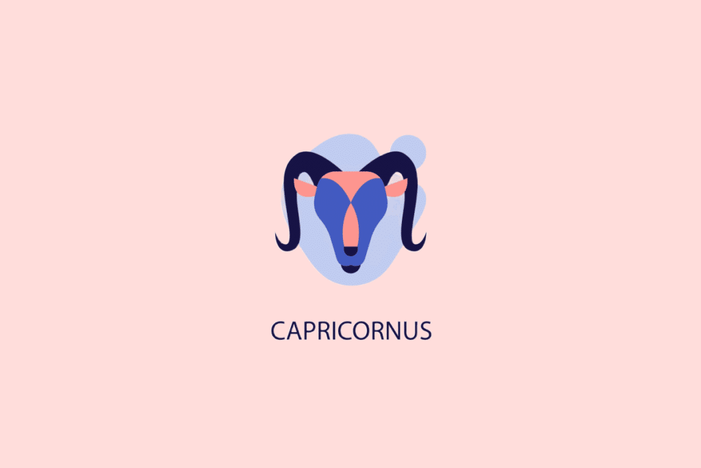 Ilustração minimalista da cabeça de uma cabra com longos chifres escuros sobre formas azuis claras e fundo rosa, com a palavra "CAPRICORNUS" escrita abaixo.
