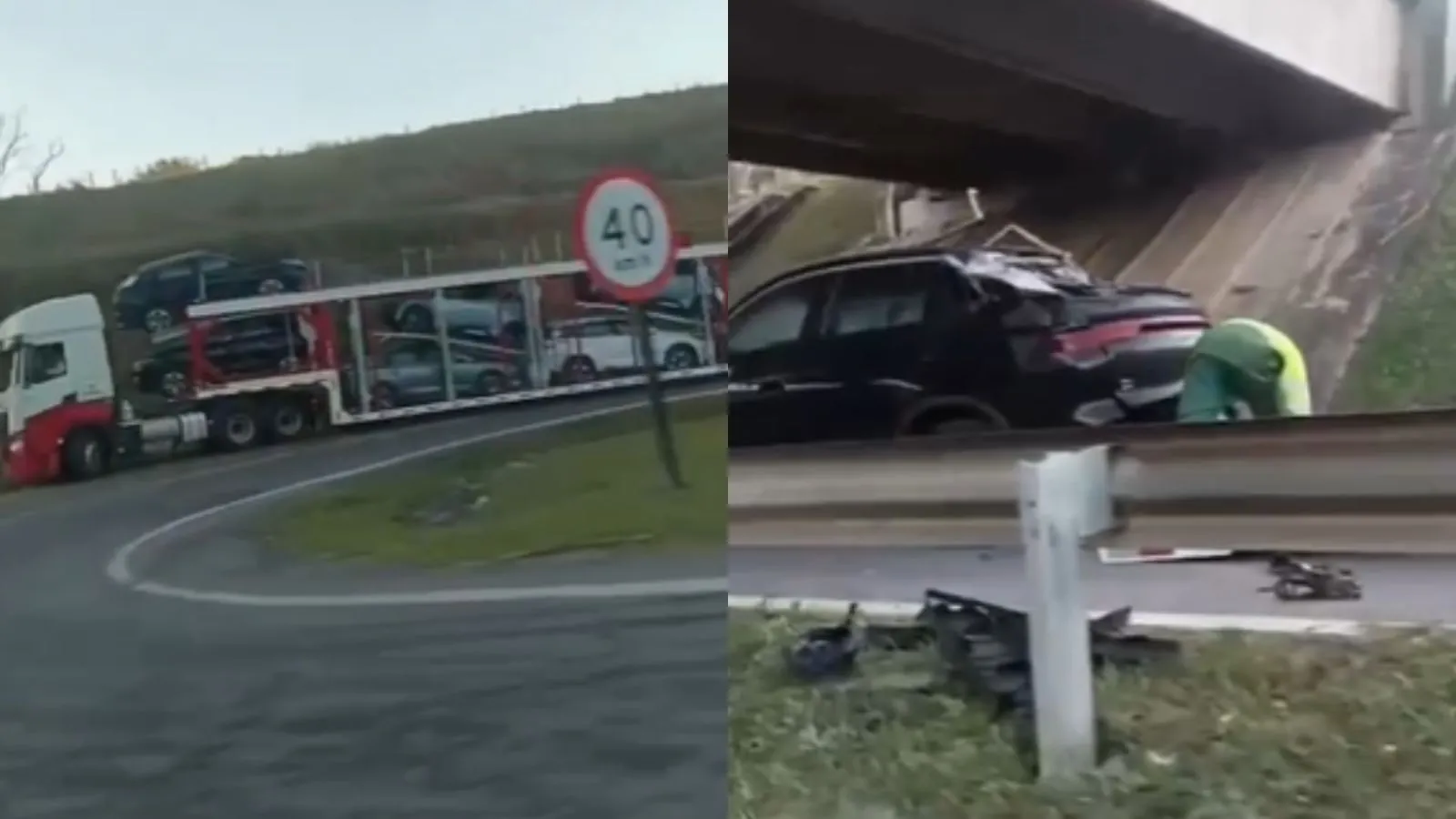 Caminhão-cegonha bate em ponte e derruba 3 veículos na Ayrton Senna, em Mogi das Cruzes