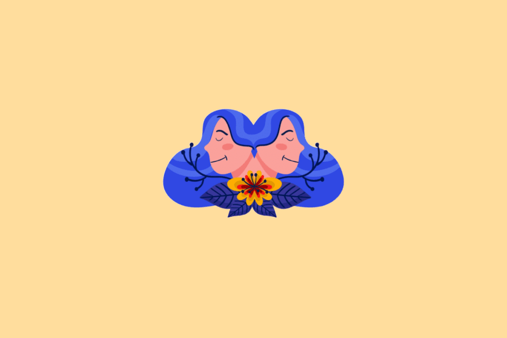Ilustração estilizada do signo de Gêmeos. No centro, duas figuras femininas idênticas de perfil e de costas uma para a outra, com longos cabelos azuis que se unem, ornadas por uma flor amarela e ramos pretos na base. O fundo é de cor amarela clara uniforme.