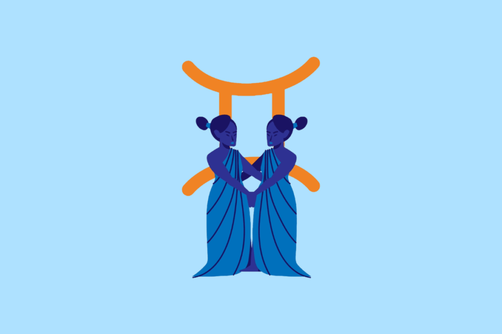 Ilustração vetorial sobre fundo azul-claro representando o signo de Gêmeos. Mostra duas mulheres em tons de azul segurando as mãos lado a lado, com o símbolo astrológico de Gêmeos em tom laranja ao fundo.