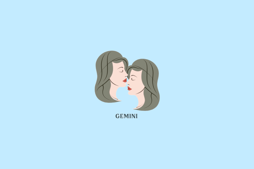 Ilustração estilizada de dois rostos femininos de perfil, um de frente para o outro, em tons de verde e vermelho, com a palavra "GEMINI" escrita abaixo.