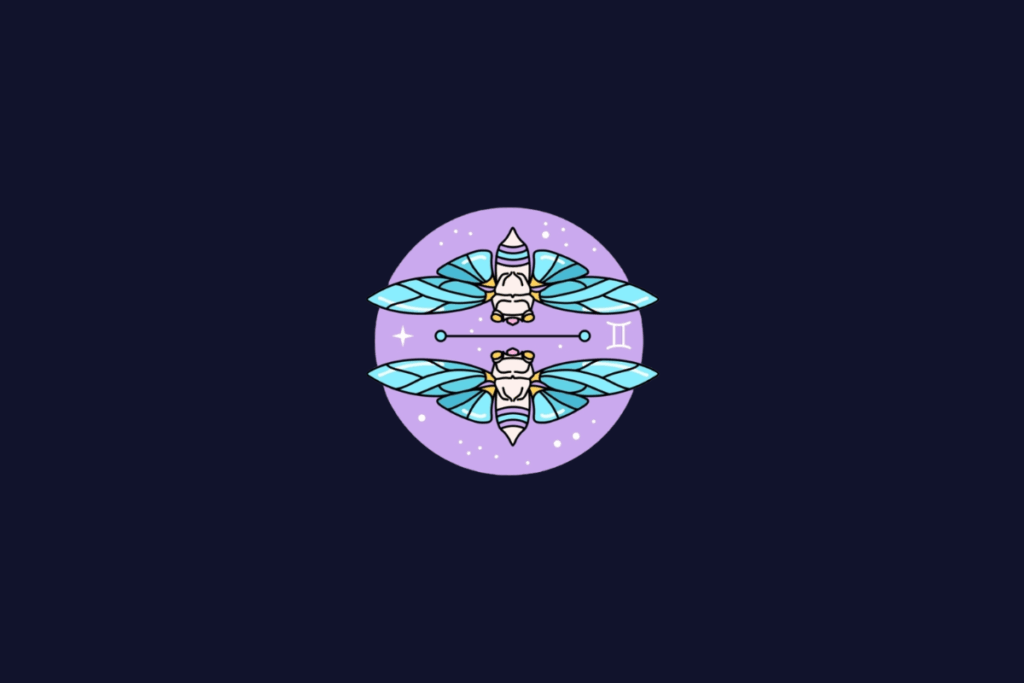 Ilustração do signo de Gêmeos, mostrando duas cigarras/insetos com asas azuis espelhadas na horizontal, dentro de um círculo lilás.